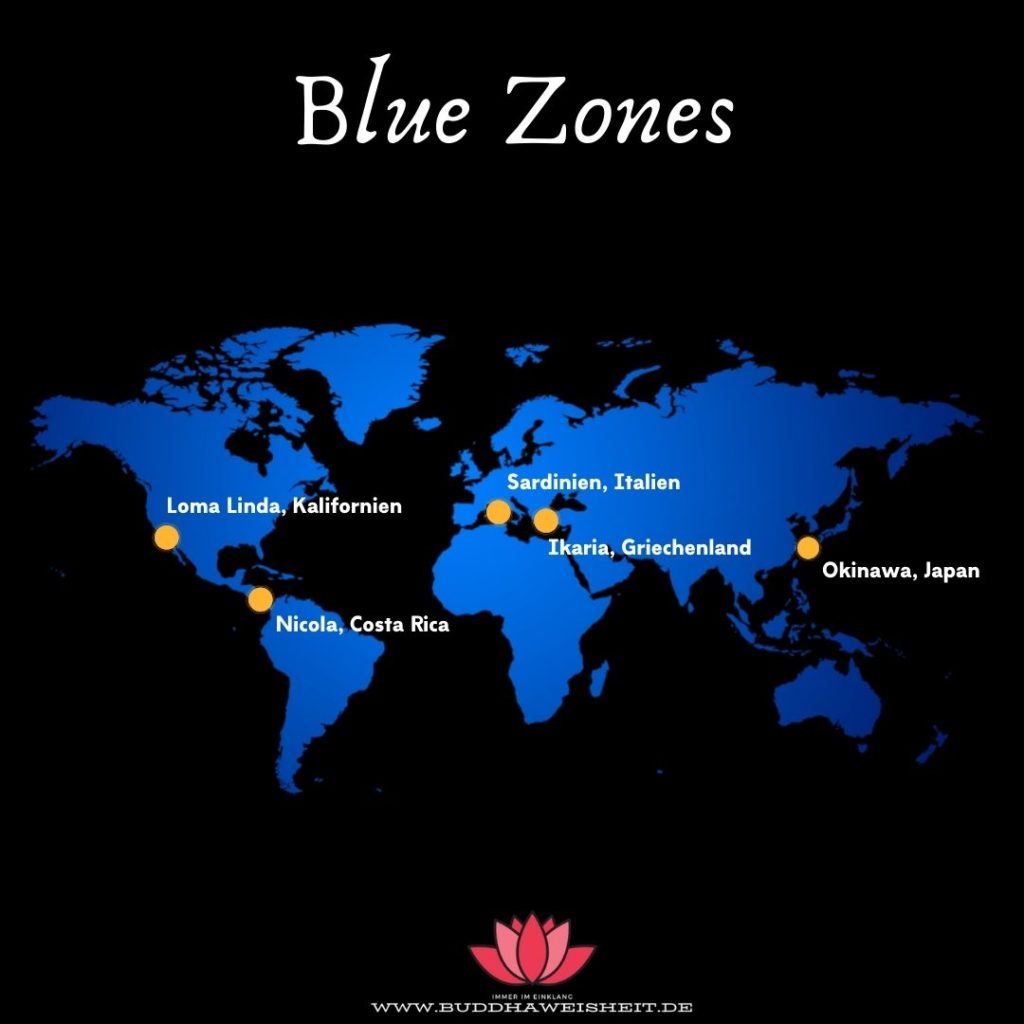 Karte der Welt mit Standorten der Blue Zones: Kalifornien, Costa Rica, Sardinien, Griechenland, Japan